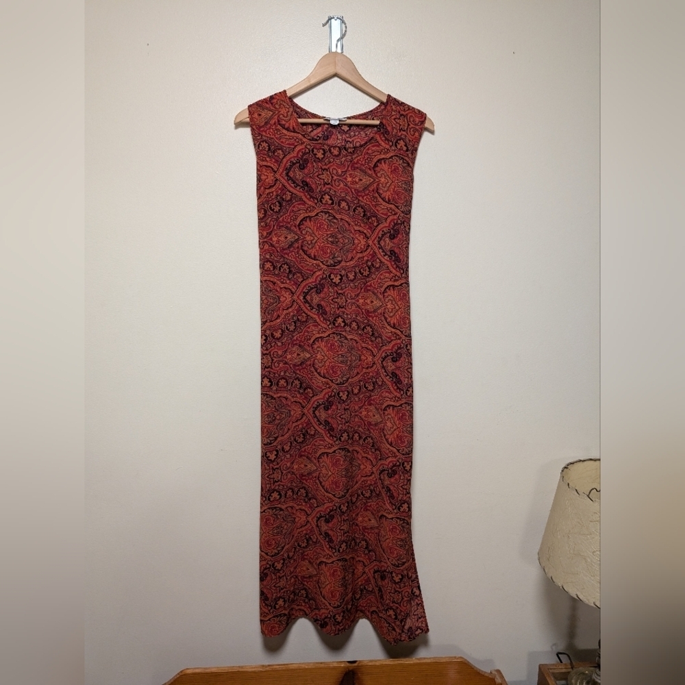 Boho 90s Rayon Maxi Dress Tie Waist Paisley Print – Made in USA Size L